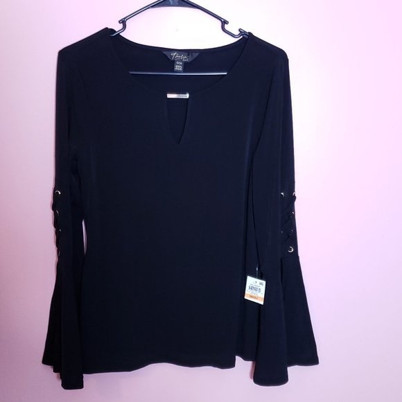 Thalia Sodi Tops - Thalia Sodi Black Bell Sleeve Laced Grommet Top Small Keyhole Dressy Chic Blouse
